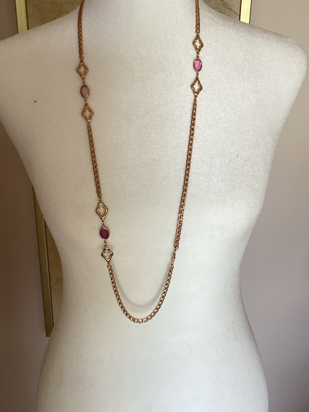 Rose Gold Long Chain Necklace with Pink Stone Accents